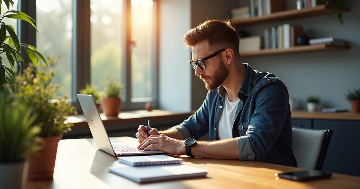 Homem concentrado trabalhando em um escritório moderno com laptop, cadernos e luz natural 