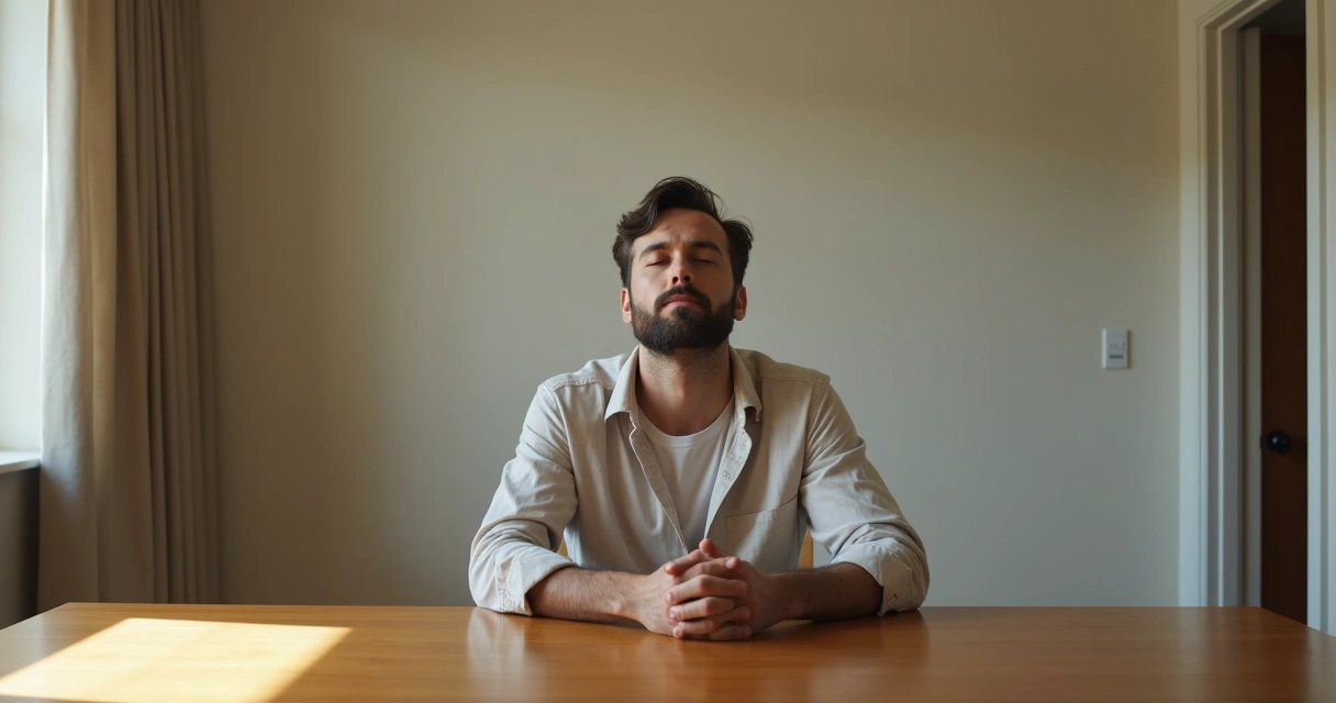 Homem sentado em silêncio, olhos fechados, com expressão serena 