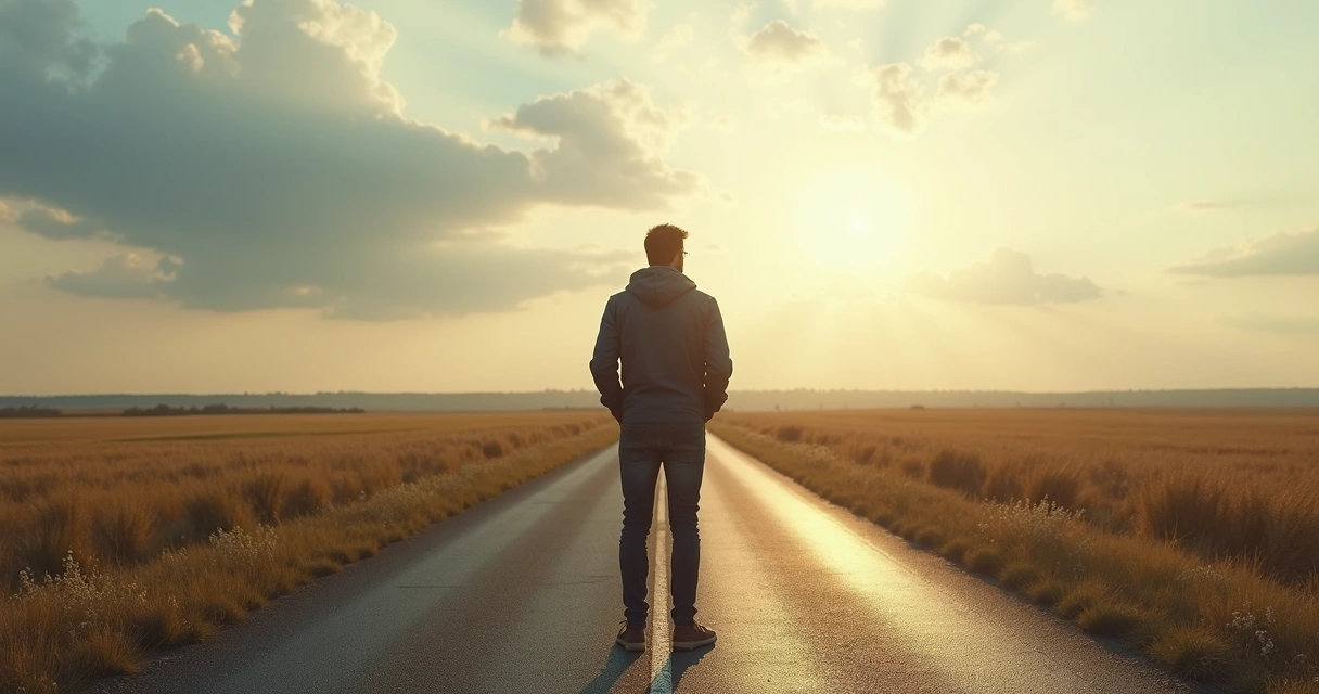 Homem olhando para uma estrada longa e aberta à sua frente. 