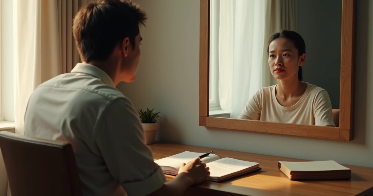 Homem sentado diante de espelho fazendo autoanálise com expressão serena 