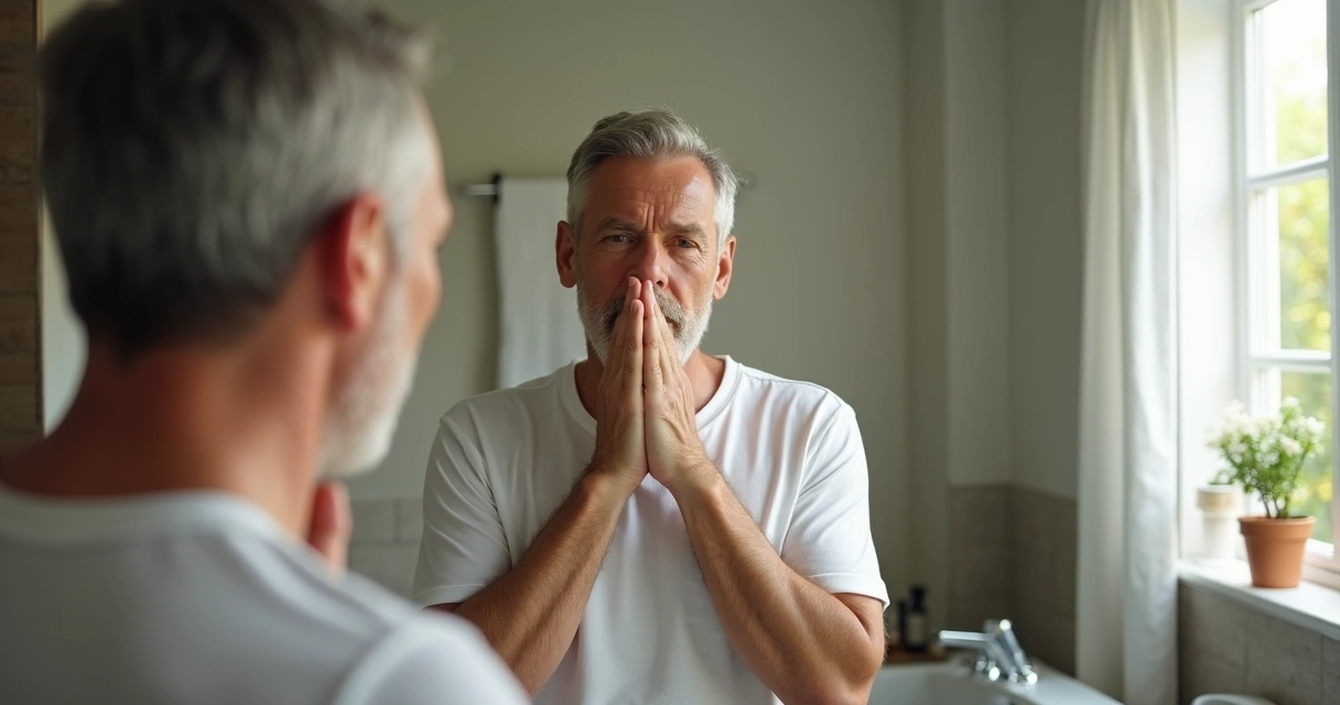 Homem olhando para si mesmo no espelho pensativo 