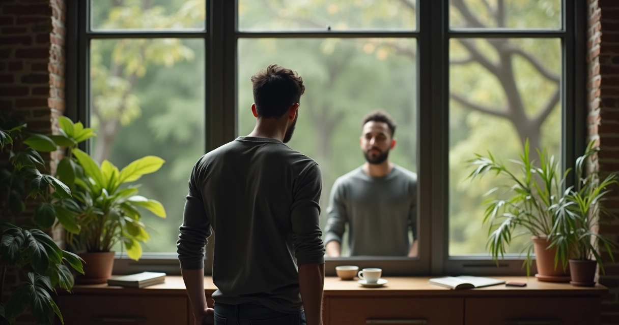 Homem em pé diante de espelho refletindo sobre si mesmo 