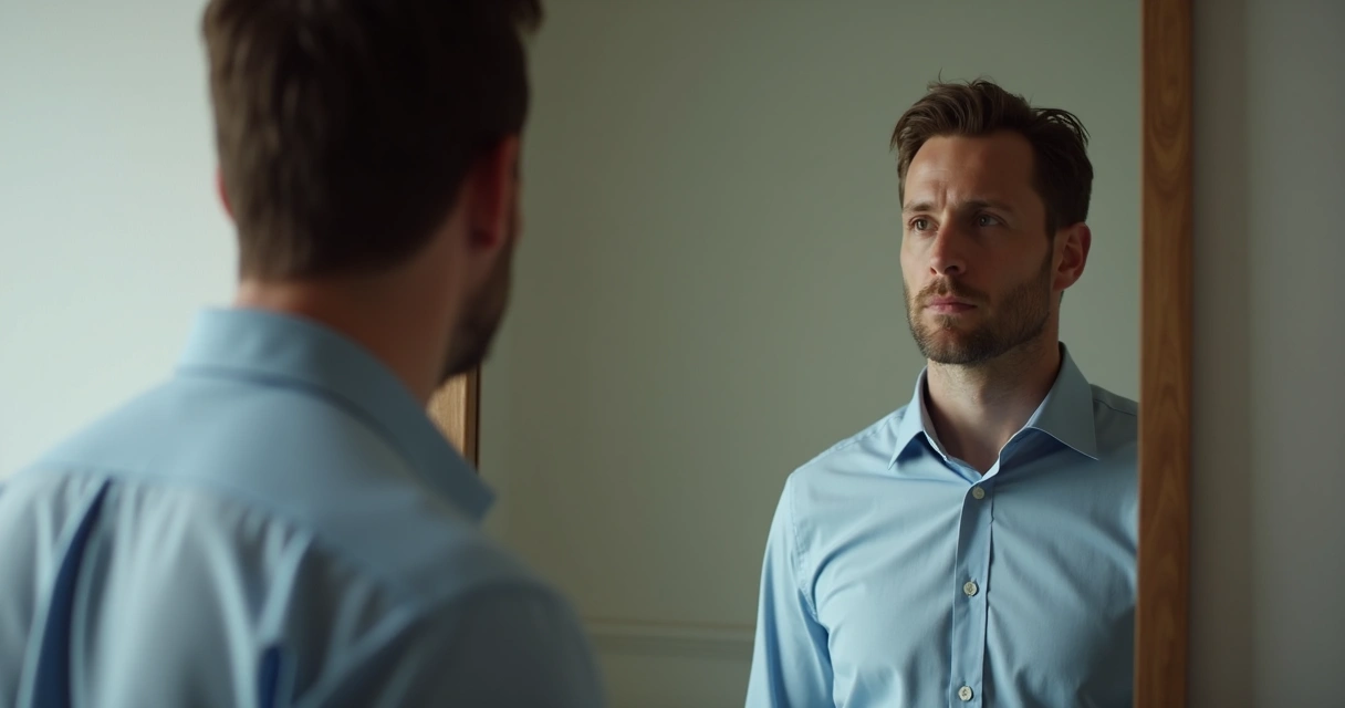 Homem olhando seu reflexo no espelho, rosto pensativo
