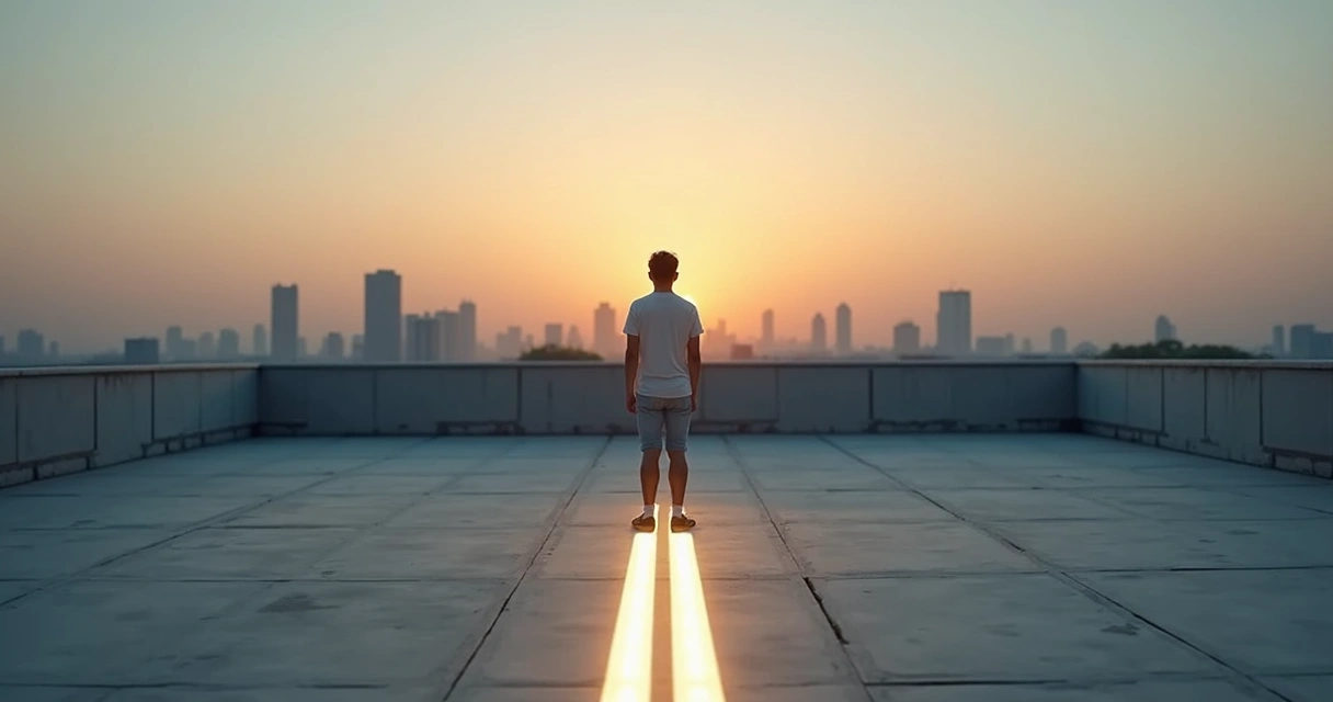 Pessoa parada diante de linha de luz no chão refletindo sobre limites pessoais 