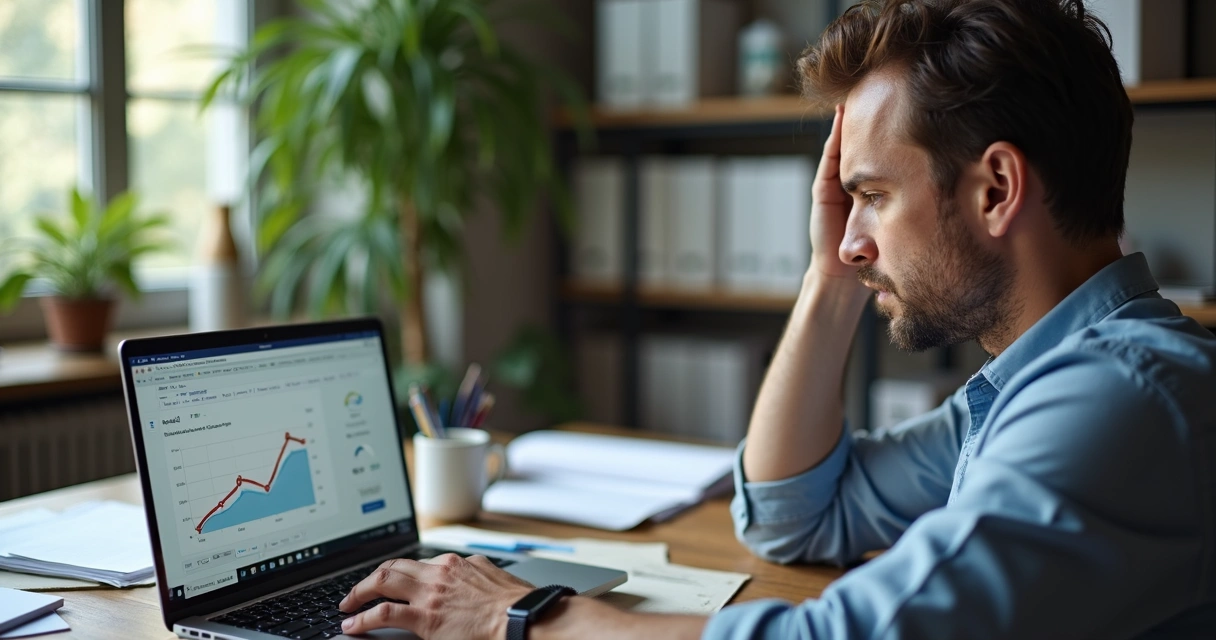 Homem sentado à mesa, frustrado, analisando gráficos de campanhas de tráfego pago no laptop, ambiente de escritório com papéis e anotações ao redor 