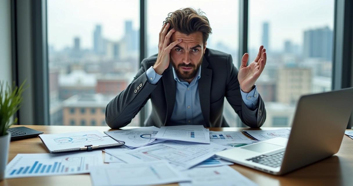 Homem sentado à mesa com várias planilhas desorganizadas e papéis espalhados ao redor 