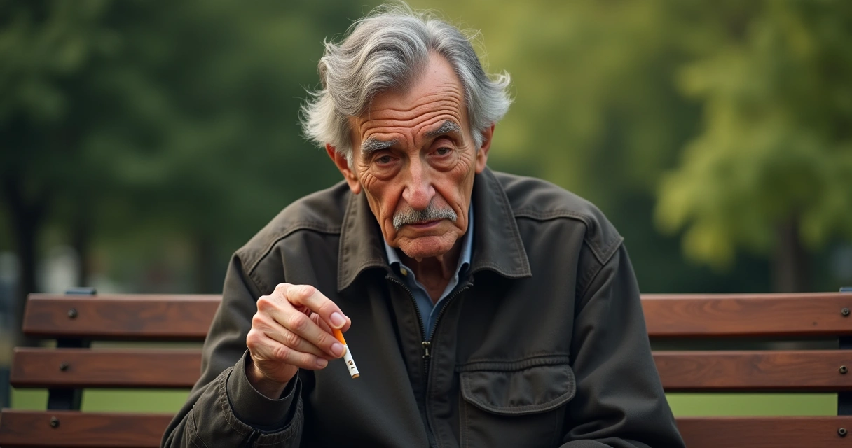 Homem idoso segurando cigarro sentado em um banco 