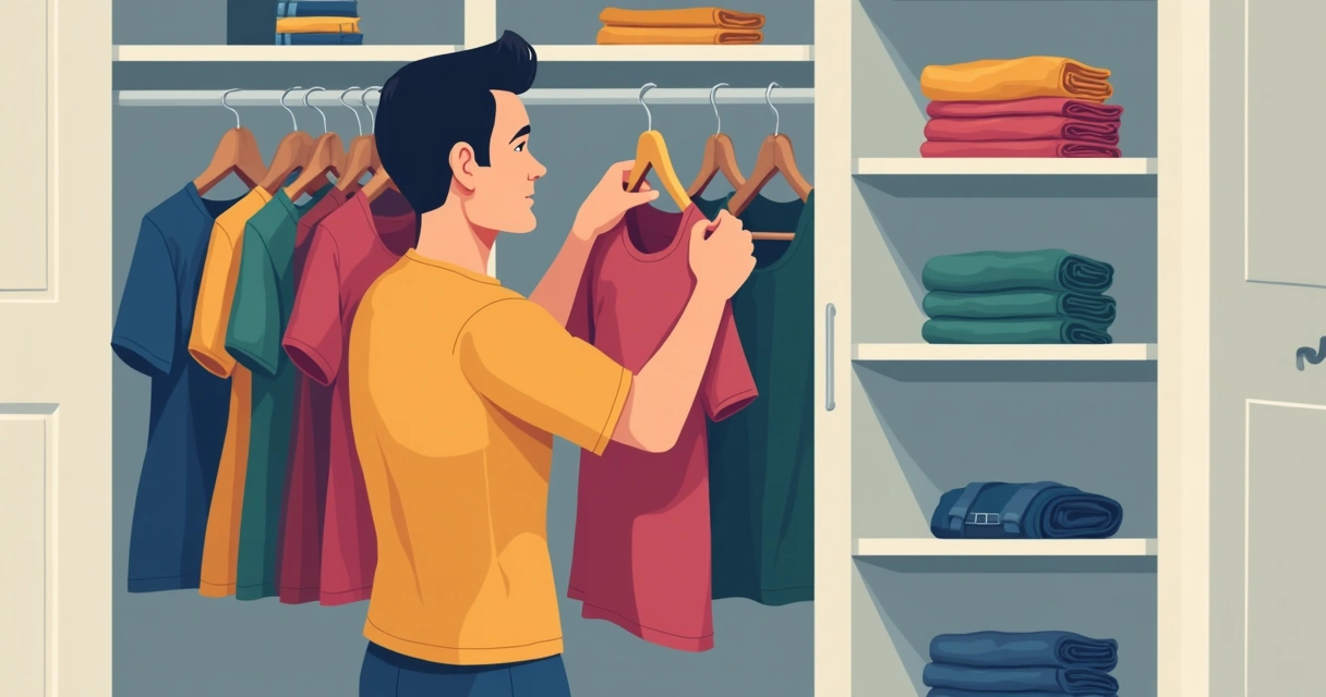 Homem guarda camiseta colorida em armário organizado