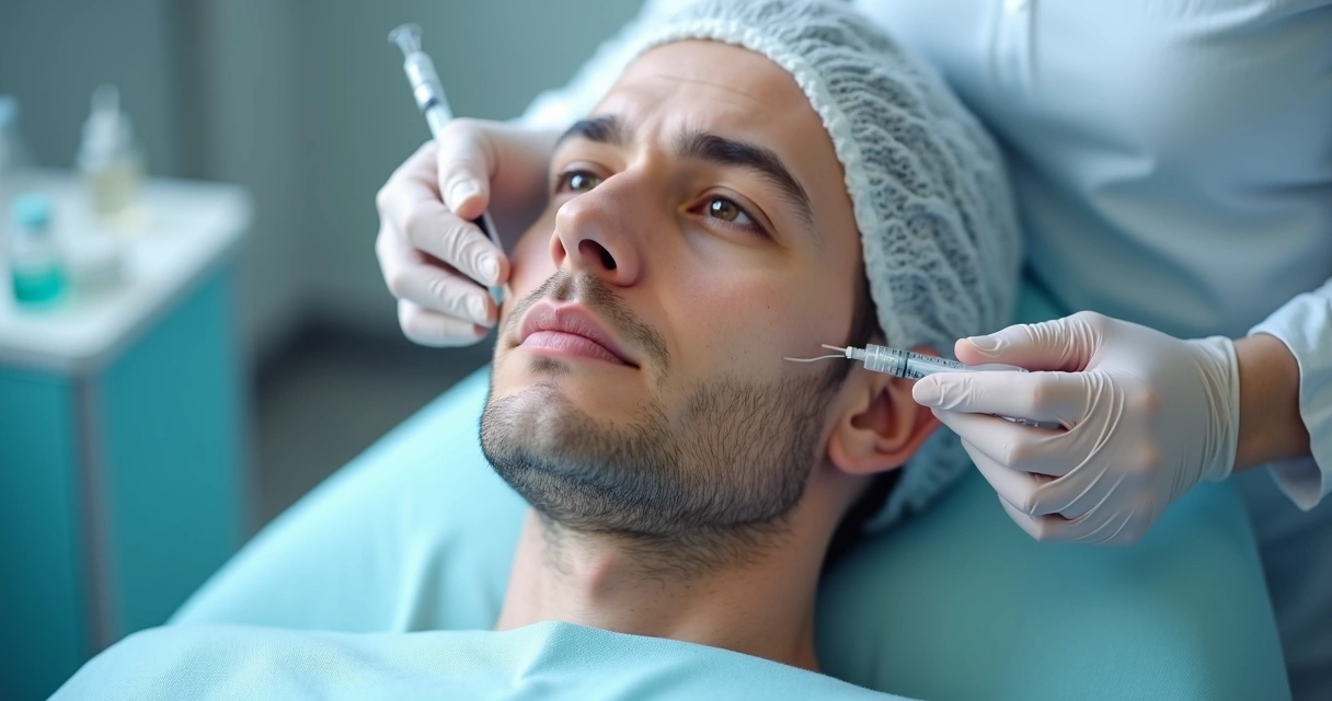 Homem recebendo tratamento de harmonização facial na mandíbula com expressão serena no consultório 