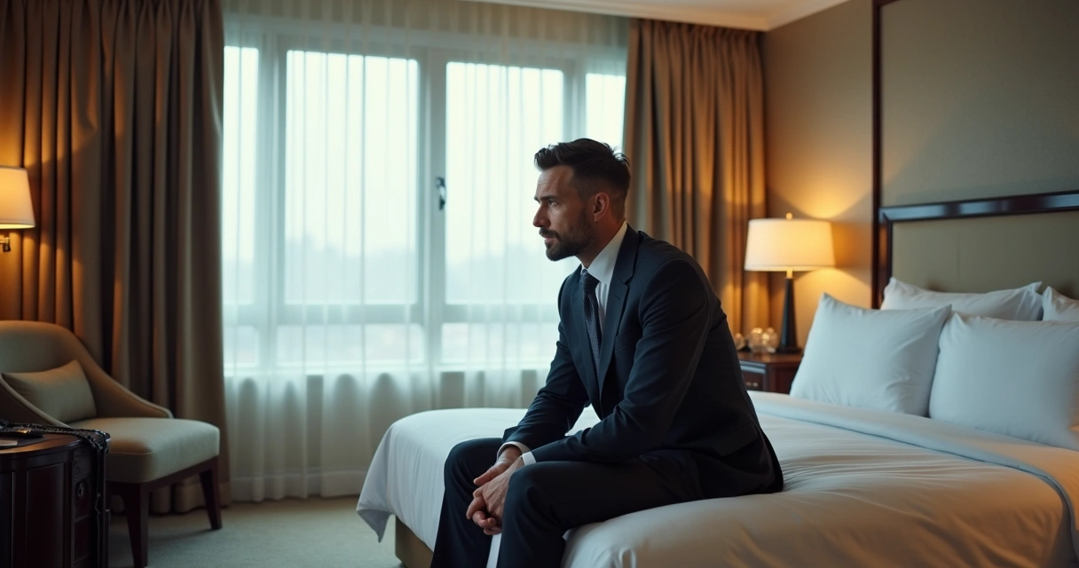 Homem de terno sentado em cama de hotel olhando para o lado, luz suave, expressão de preocupação 