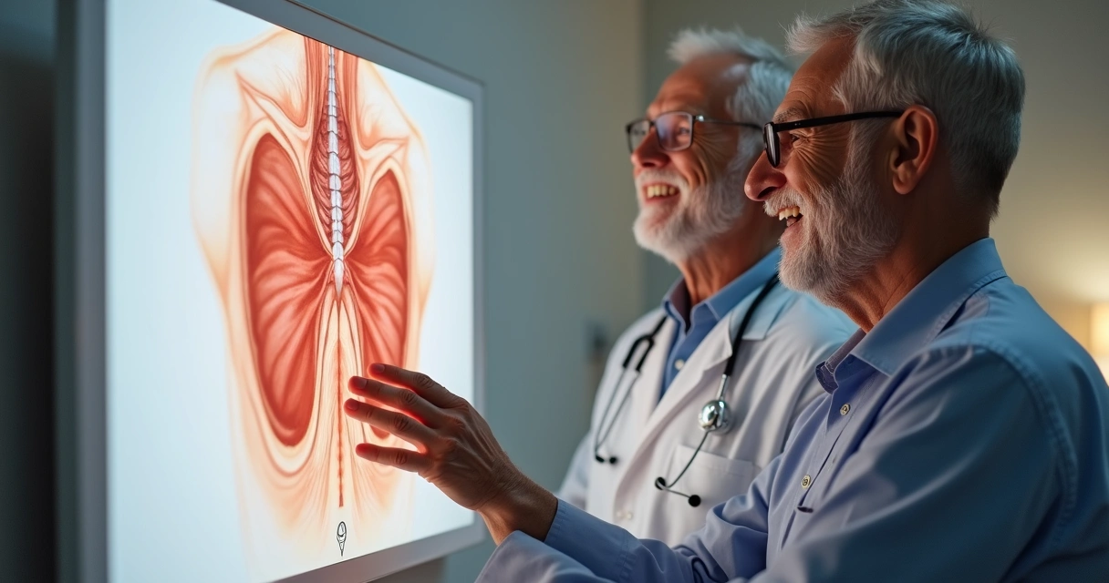 Homem idoso feliz comparando resultado da cirurgia com médico 