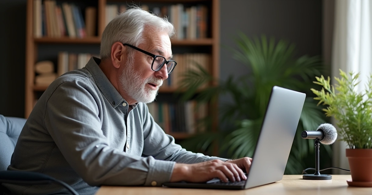 Homem idoso gravando vídeo aula usando notebook e microfone 