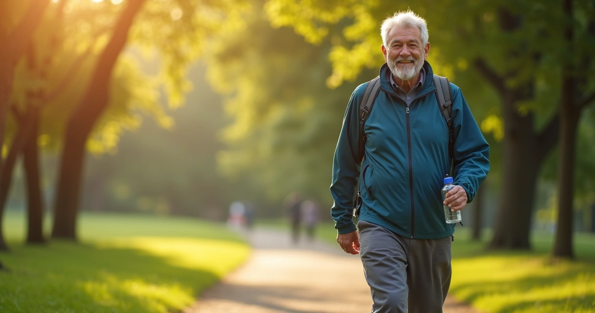 Homem idoso caminhando para preservar a saúde 