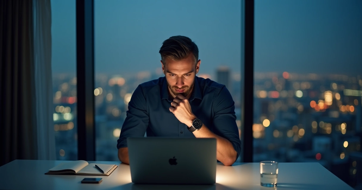 Homem adulto em home office refletindo antes de consulta online sobre impotência 