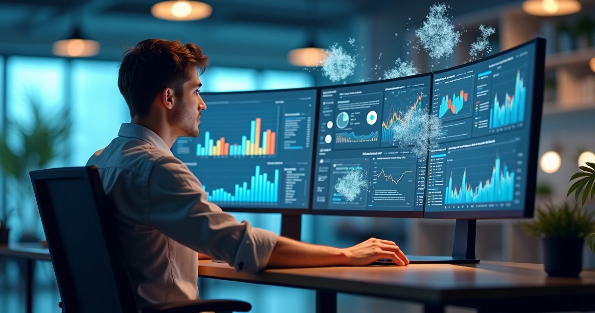 Homem jovem analisando dados em computador com gráficos digitais de redes sociais ao redor 