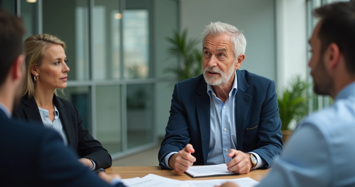 Homem inseguro em cenário de empresa, hesitando em falar durante reunião 