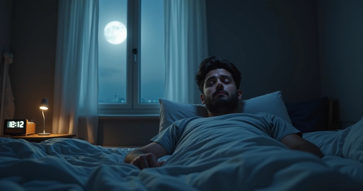 Homem acordado na cama à noite com expressão de cansaço e insônia, quarto escuro e detalhes realistas 