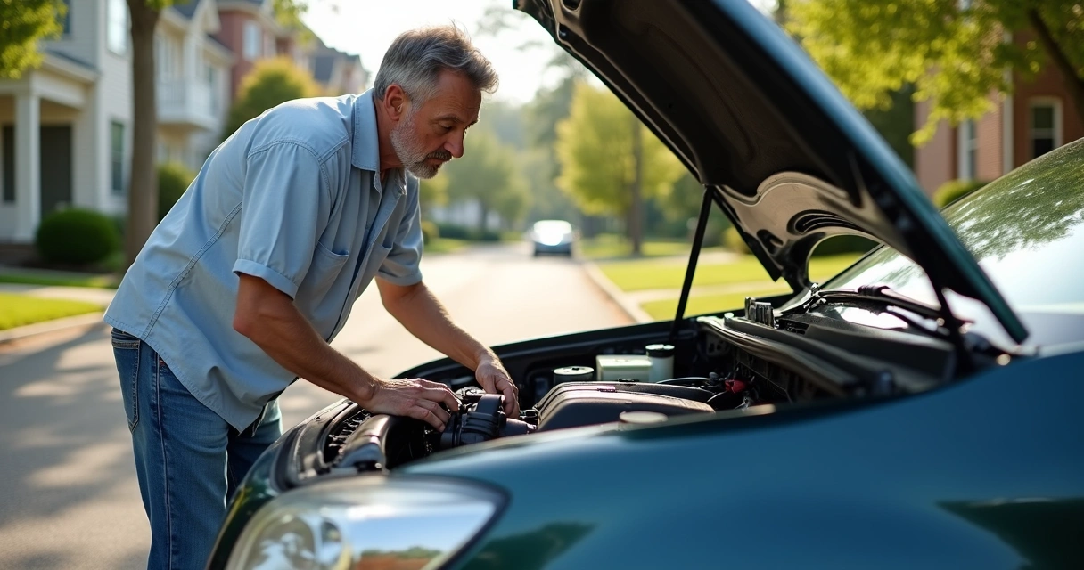 Homem analisando motor de carro com capô aberto 