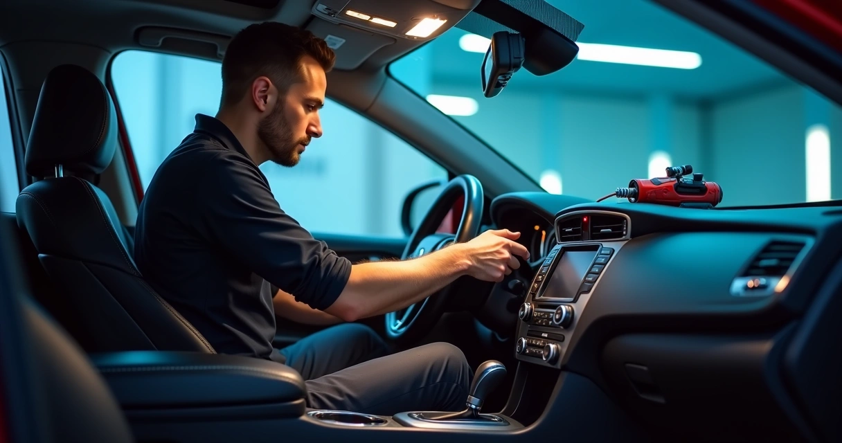 Técnico instala alarme sob o painel de carro. 