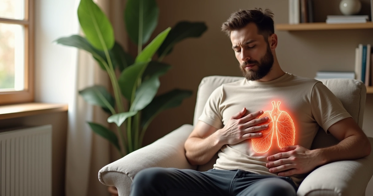Homem sentado com a mão no peito percebendo sinais do corpo em ambiente calmo 