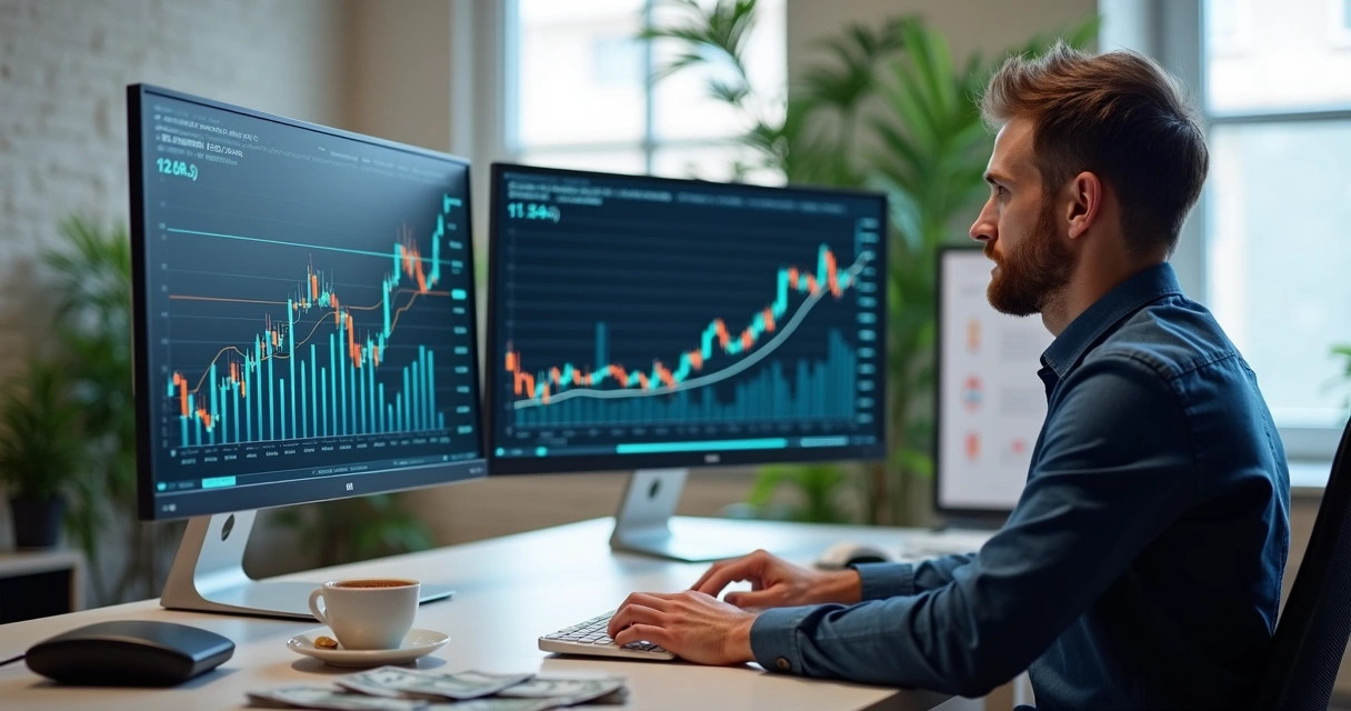 Homem analisa gráficos financeiros modernos 