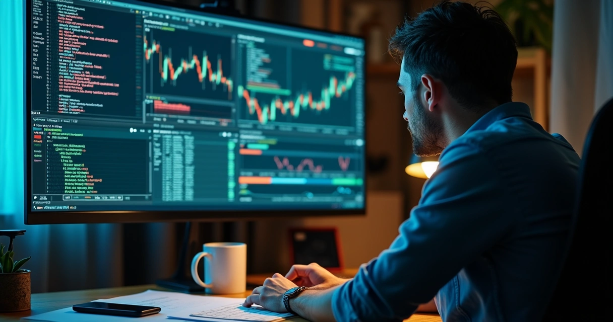 Homem analisando tela de robô investidor 