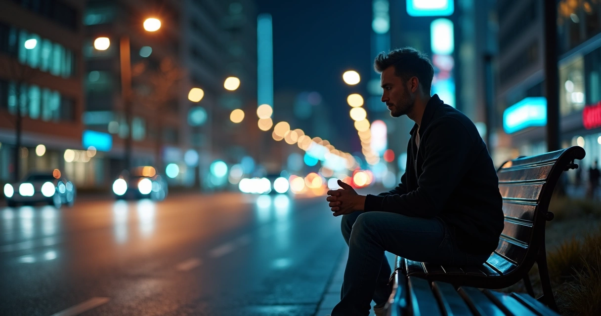 Homem sentado só em um banco em meio à cidade à noite, luzes urbanas, expressão pensativa. 