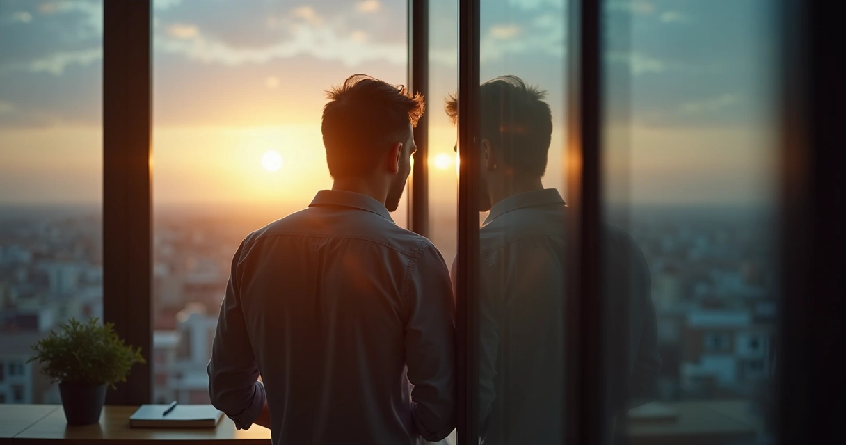 Homem encarando reflexo em janela ao pôr do sol 