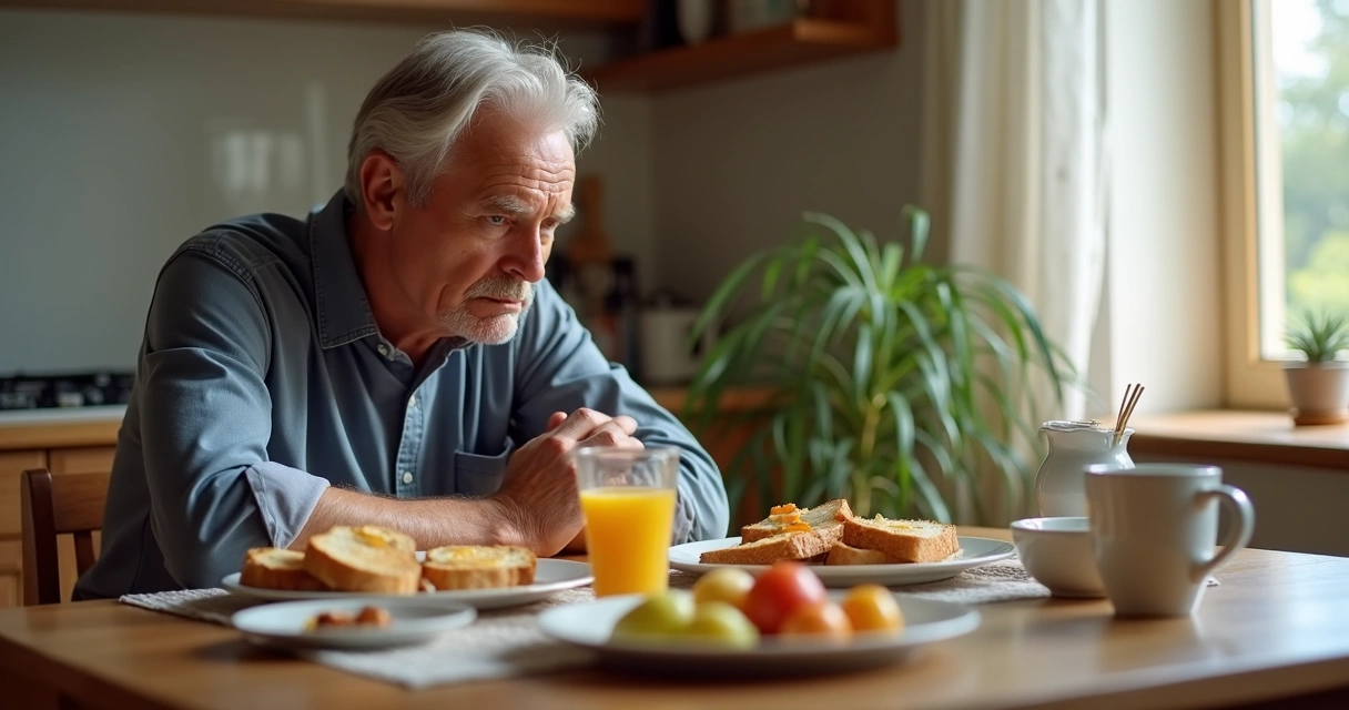 Homem olhando um café da manhã na mesa sem tocar nos alimentos