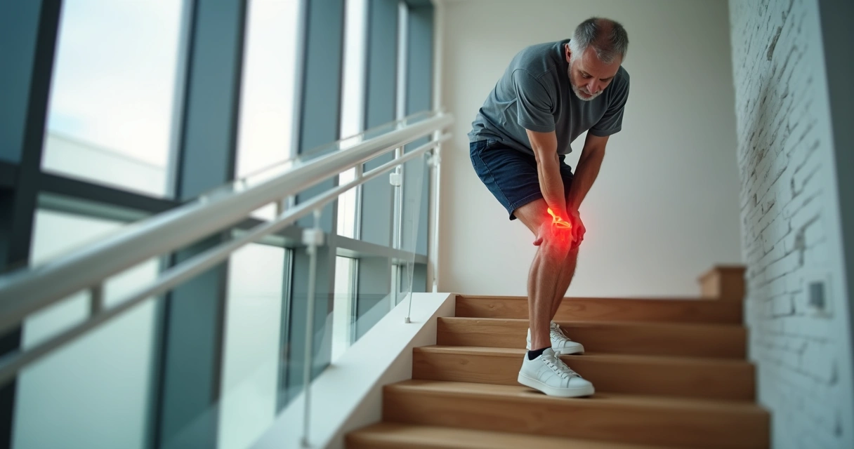 Homem com dor no joelho parando em escada de prédio 