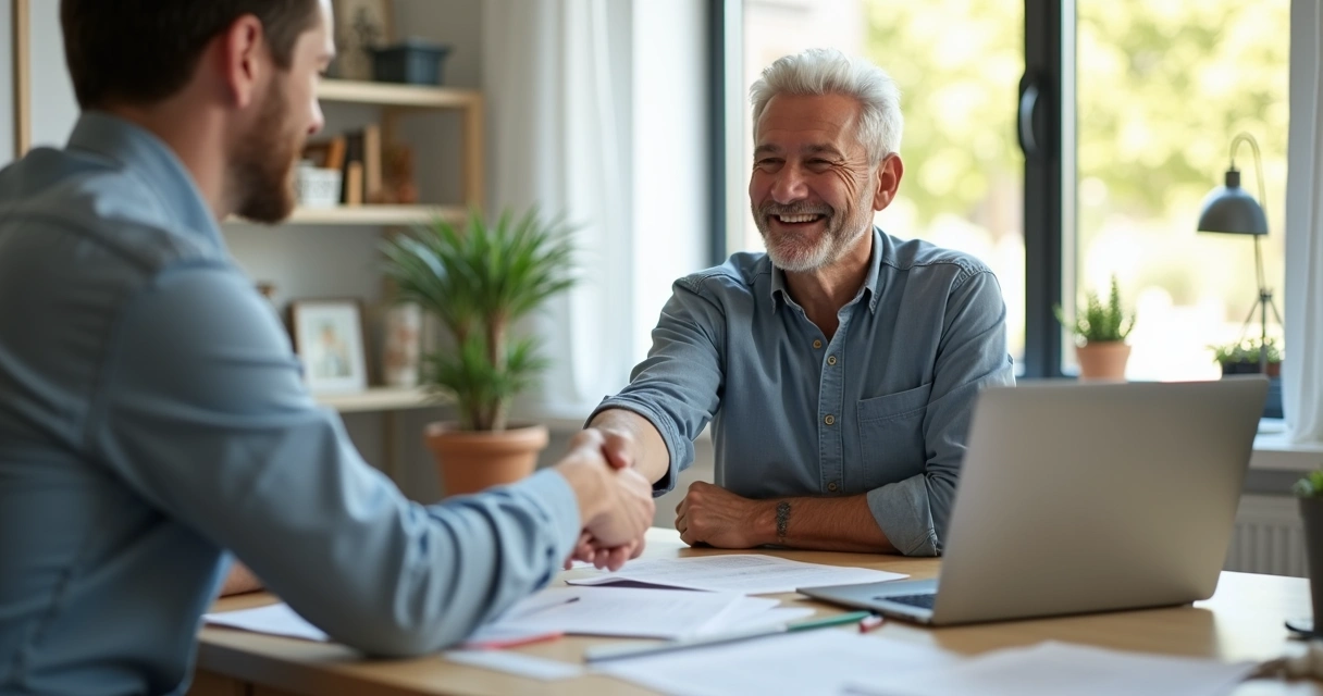 Jovem sorridente apertando a mão de homem mais velho em ambiente de escritório.