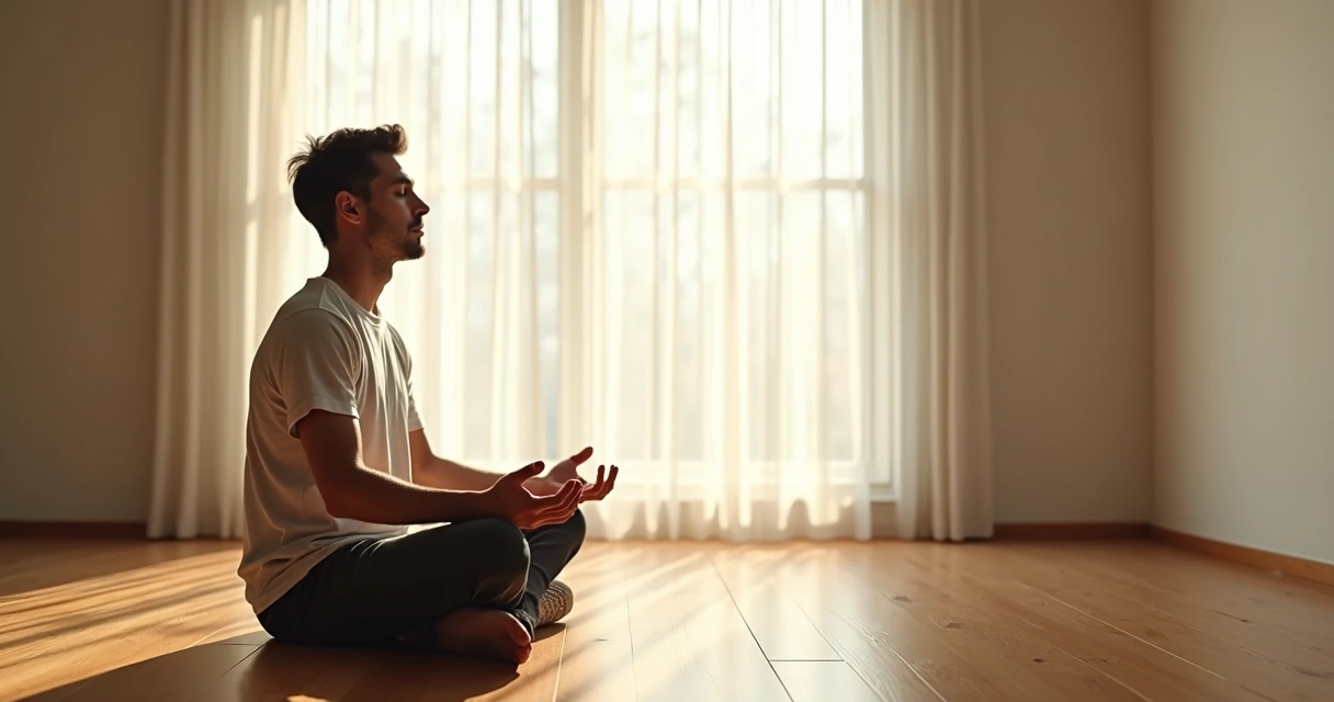 Homem jovem sentado de pernas cruzadas meditando em ambiente tranquilo. 