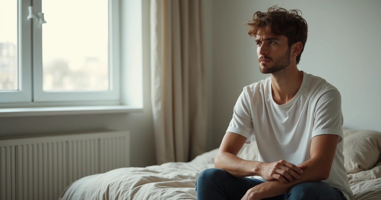 Homem jovem sentado na cama em postura reflexiva, fundo suave e claro.