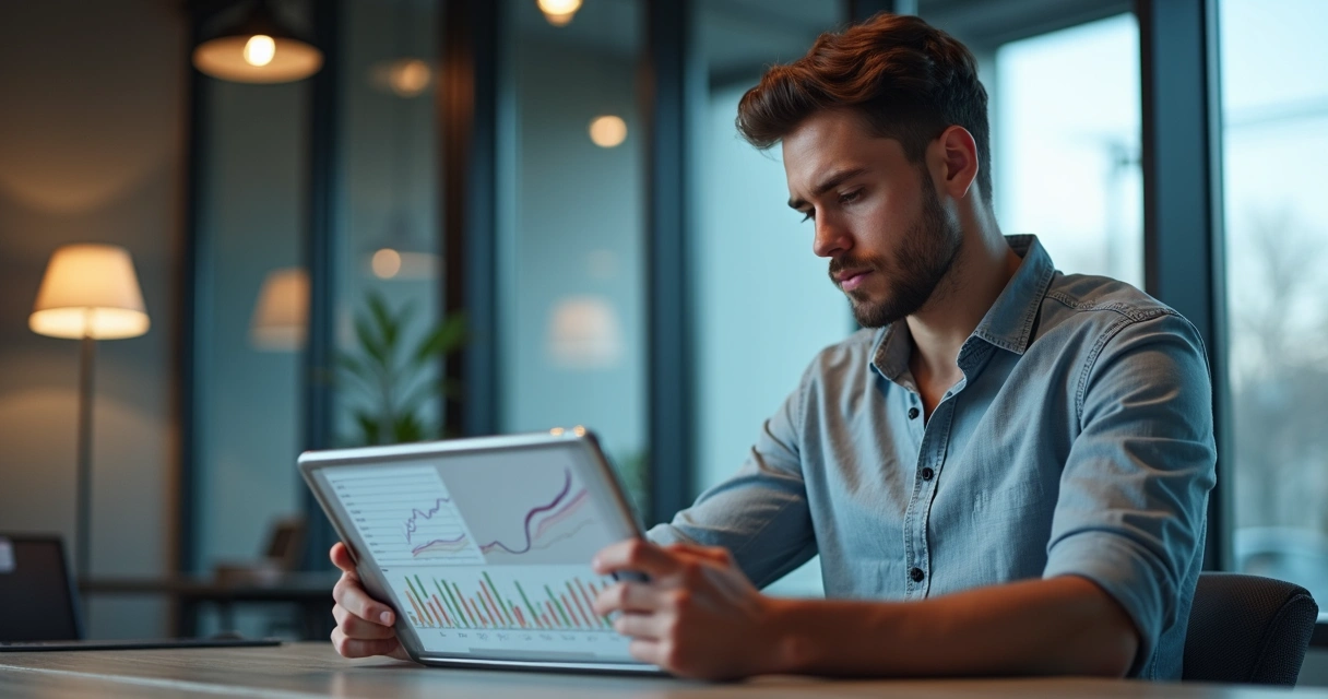 Homem jovem analisando investimentos em tablet mostrando gráficos 