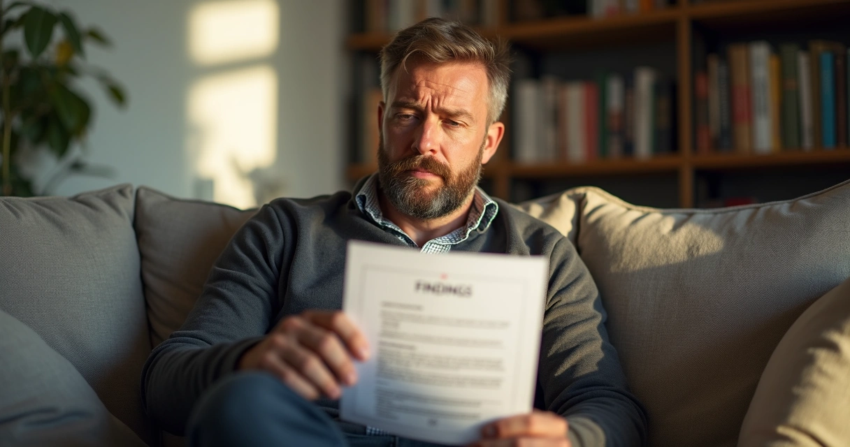 Homem sozinho lendo laudo médico sentado no sofá 
