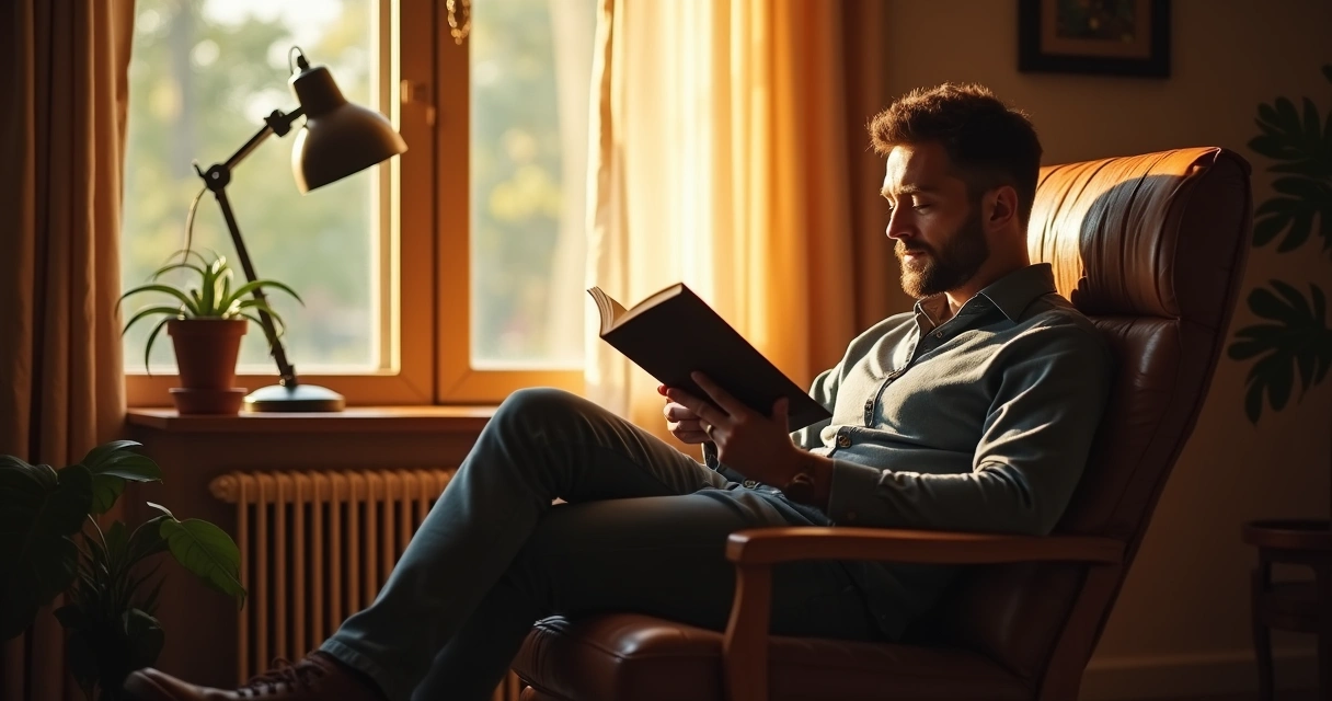 Homem sentado lendo livro em ambiente tranquilo de reflexão 