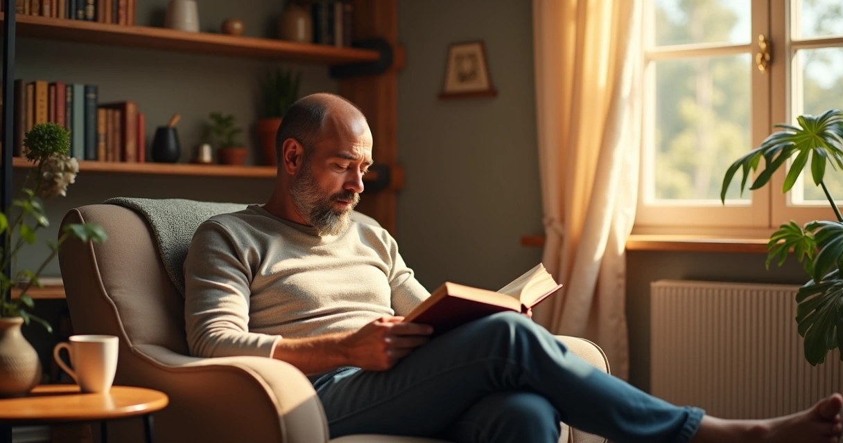 Homem sentado lendo um livro em ambiente tranquilo com luz natural suave 