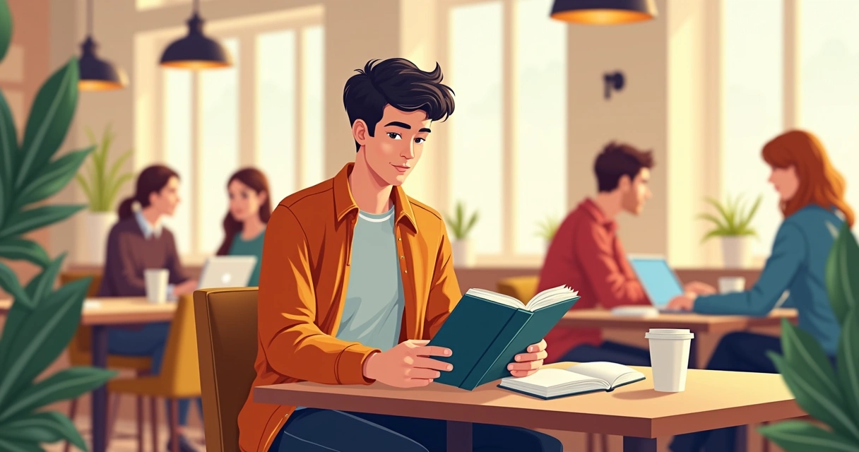 Homem lendo livro em café, simbolizando terceiro lugar para desenvolvimento pessoal