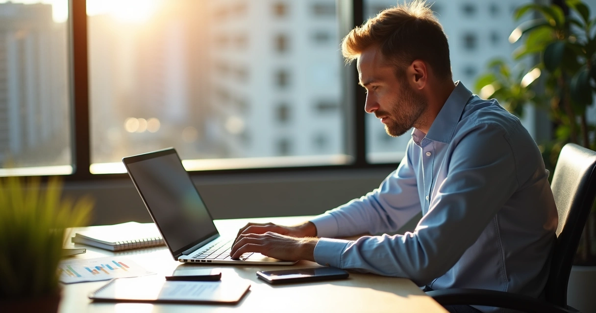 Homem lendo email no notebook da mesa de escritório 