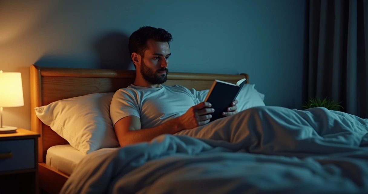 Homem lendo livro na cama à noite com iluminação suave 