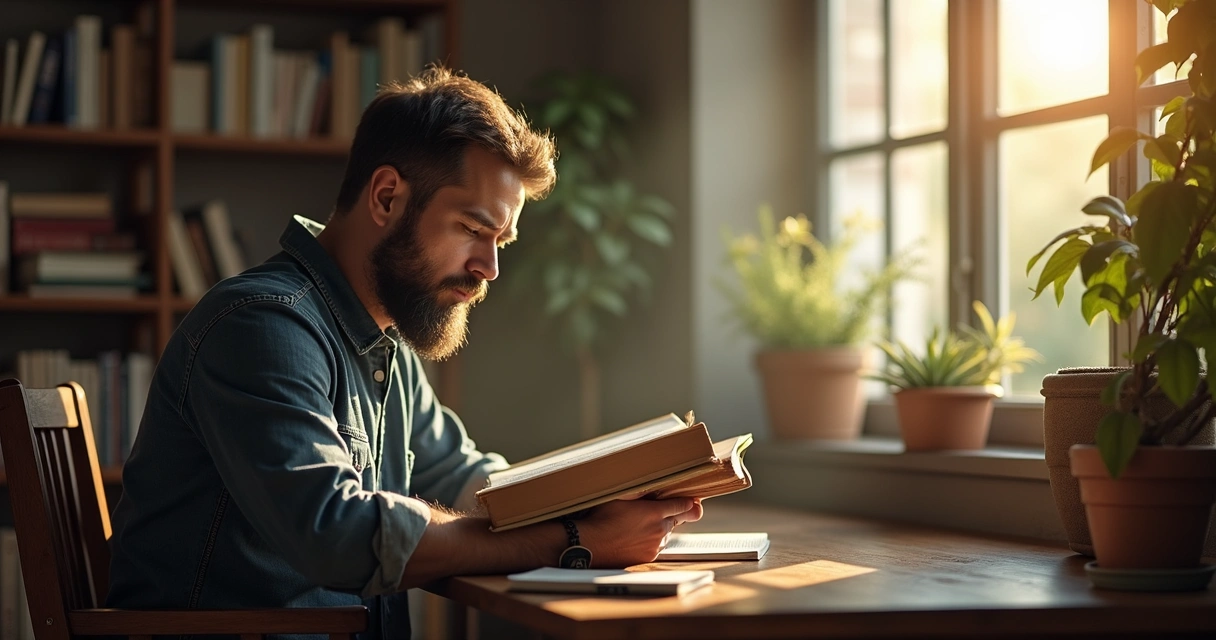 Homem lendo um livro concentrado próximo a uma janela ensolarada
