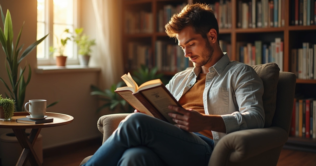 Homem lendo livro de marketing em uma poltrona confortável 
