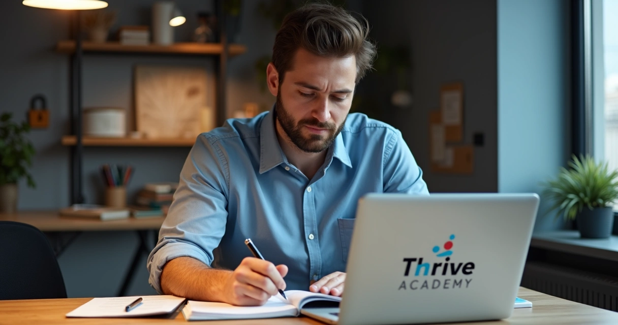 Homem analisando apostila de educação financeira em mesa de estudos 