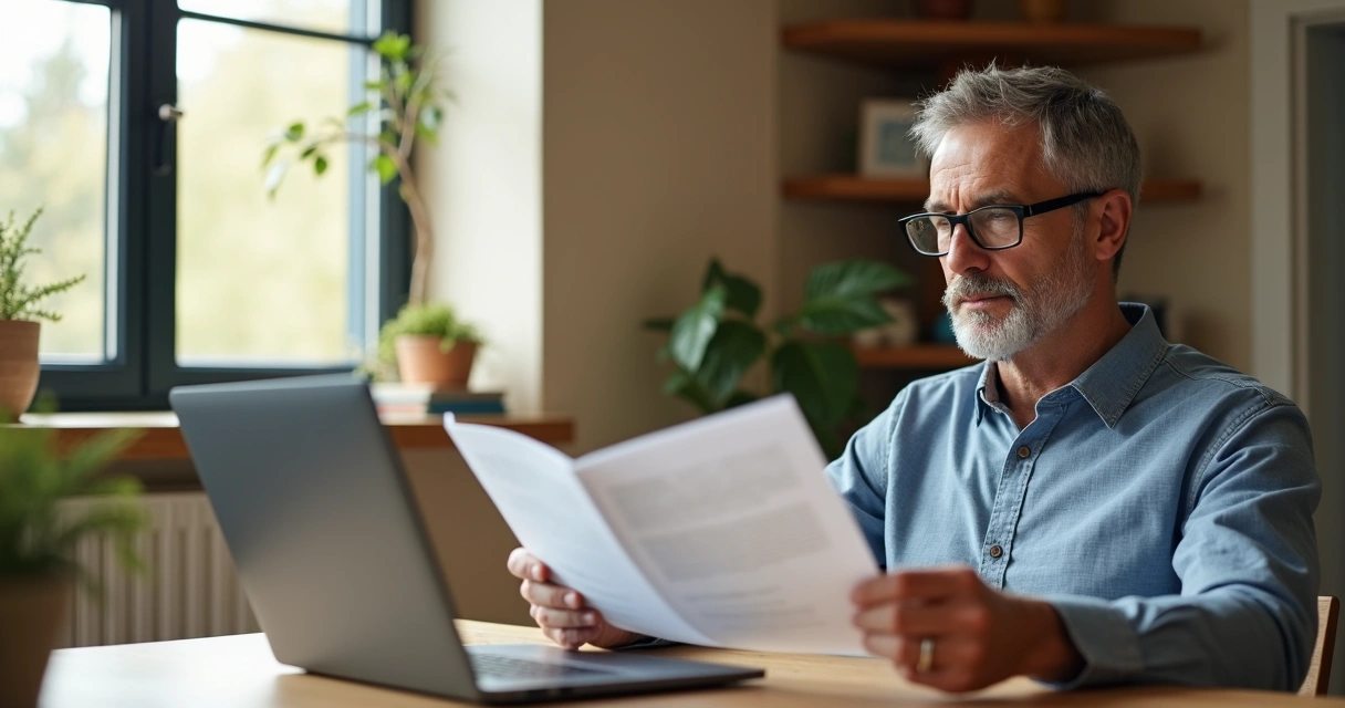 Homem usando óculos multifocais lendo tela de laptop e documento impresso 