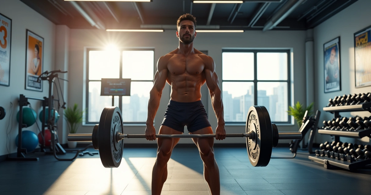 Homem fazendo treino de musculação com barra de pesos em ambiente de academia moderno e iluminado 