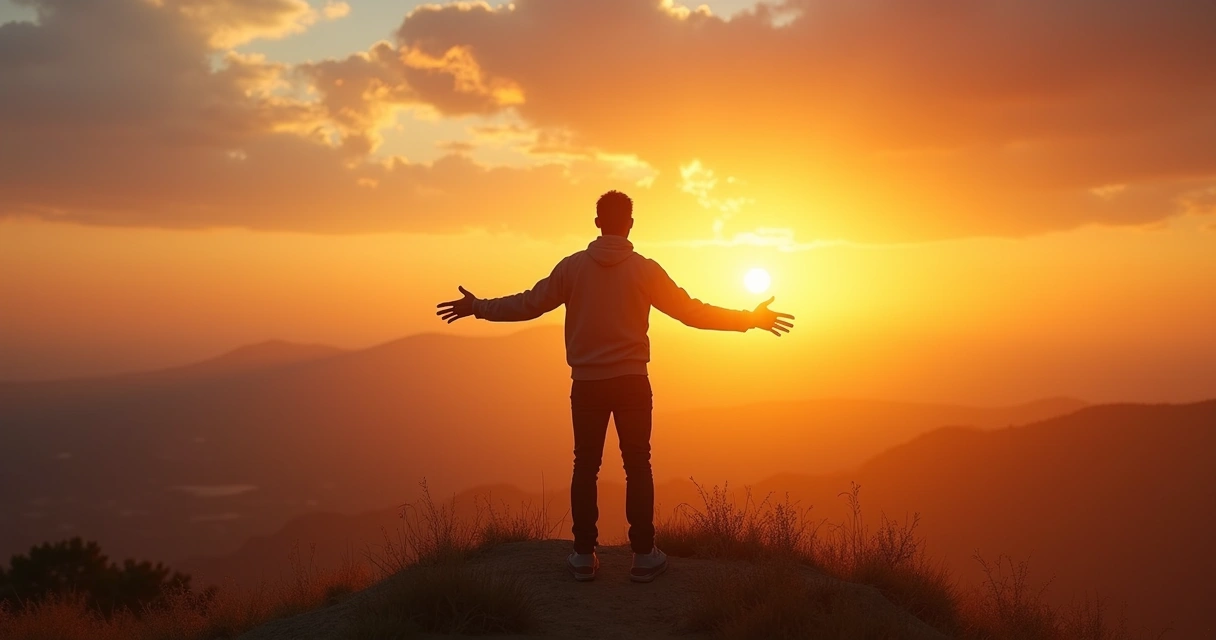 Homem olhando para o horizonte ao pôr do sol, simbolizando libertação