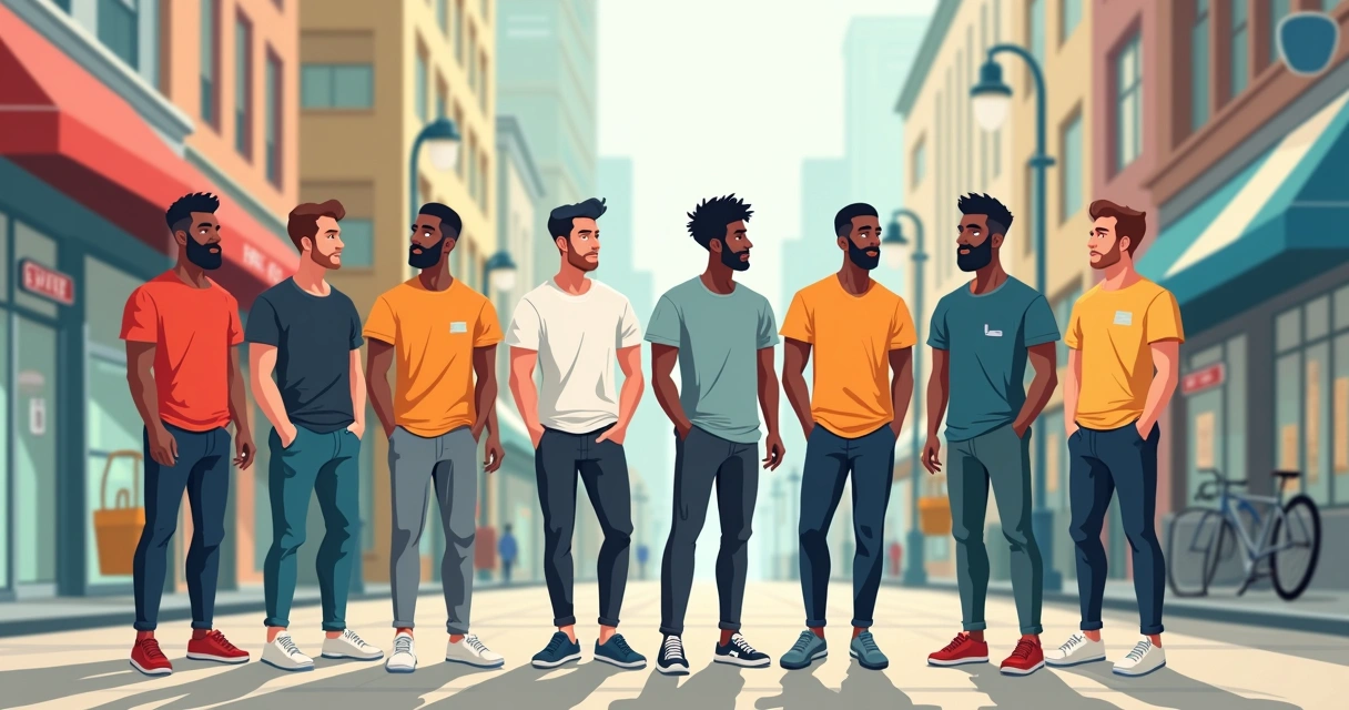 Homens de diferentes estilos usando camisetas longline em uma rua movimentada