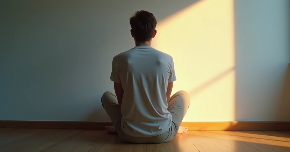 Homem sentado no chão entre luz e sombra em quarto simples 