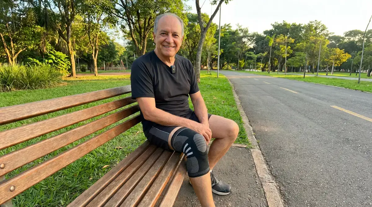 Homem maduro sentado em banco de parque usando joelheira de compressão preta