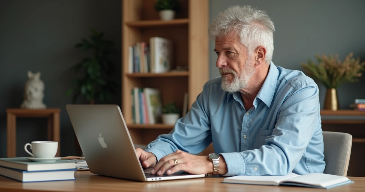 Homem maduro sentado à mesa com notebook e livros, estudando com atenção 